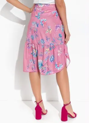 Rosalie - Saia Floral Rosa em Jersey Acetinado - ROSALIE