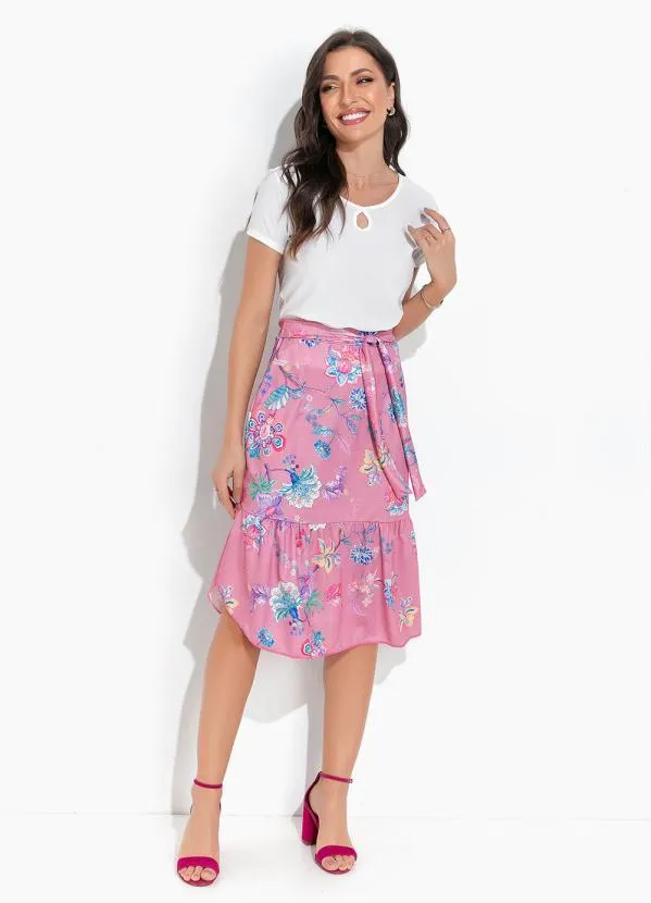 Rosalie - Saia Floral Rosa em Jersey Acetinado 3
