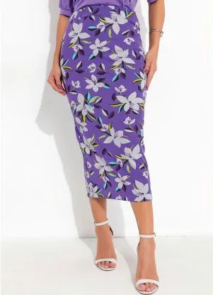 Queima Estoque - Saia Floral Roxo com Bolsos - QUEIMA ESTOQUE
