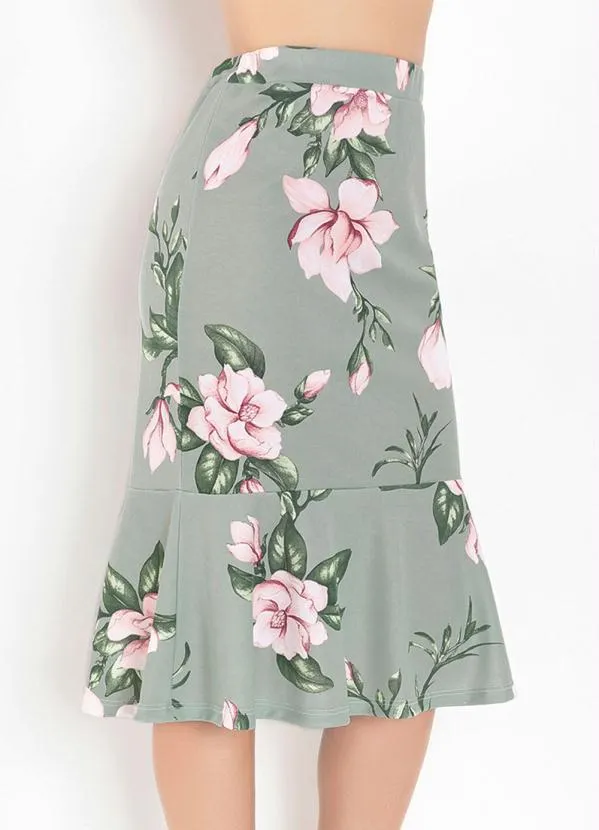 Rosalie - Saia Floral Verde com Babado
