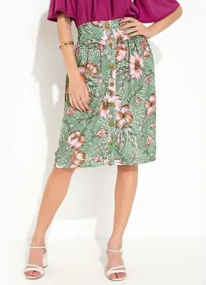 Rosalie - Saia Floral Verde com Botão - ROSALIE