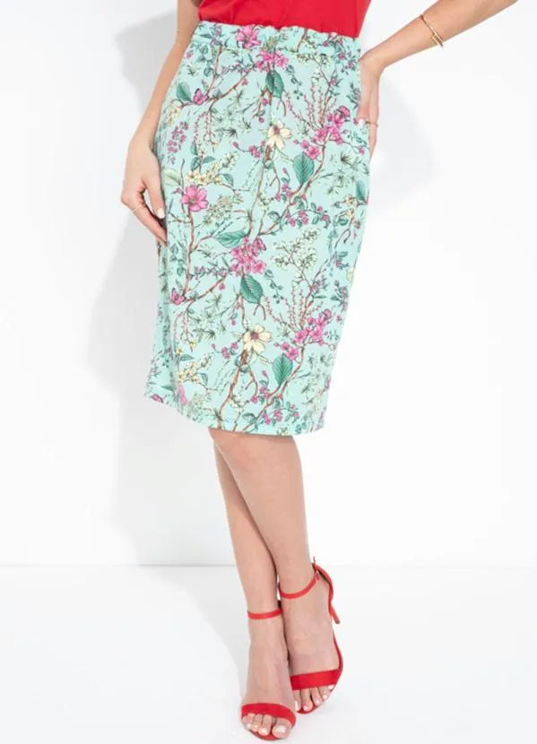 Queima Estoque - Saia Floral Verde com Elástico