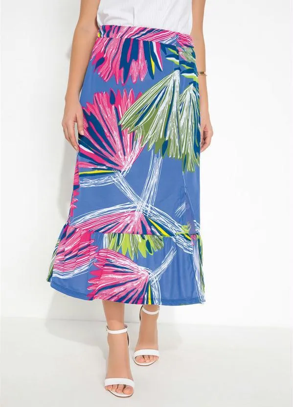 Moda Pop - Saia Folhagem Cintura Alta com Fenda
