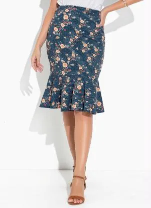 Rosalie - Saia Geométrica Azul com Peplum - ROSALIE
