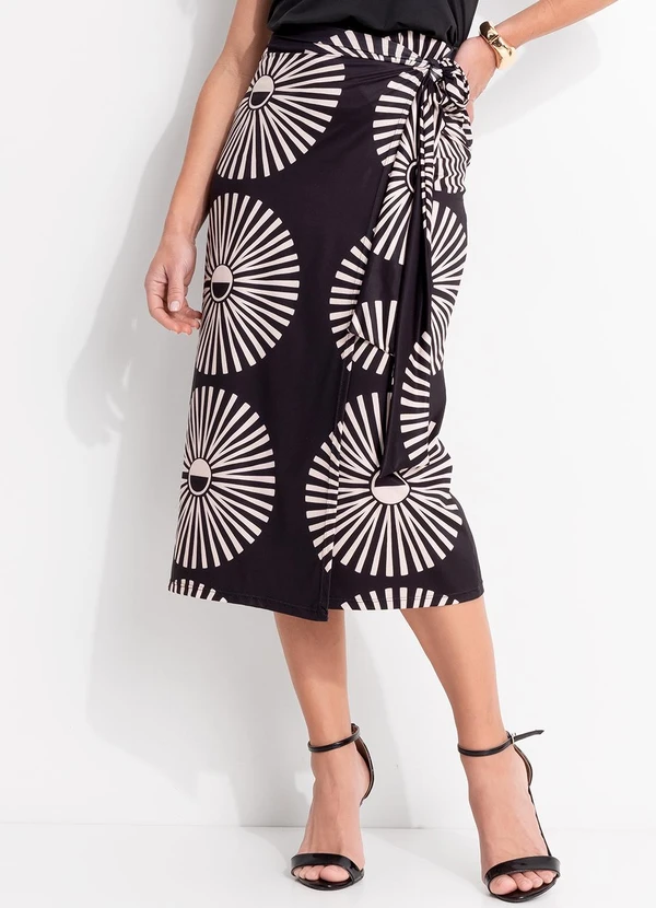Quintess - Saia Midi Transpassada Estampa Geométrica em Malha Fria com Amarração
