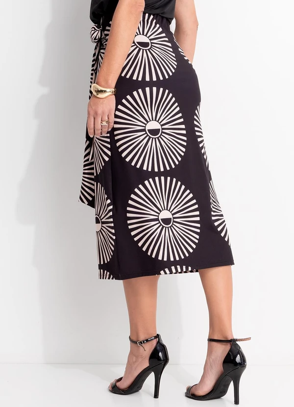 Quintess - Saia Midi Transpassada Estampa Geométrica em Malha Fria com Amarração 8