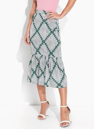 Moda Pop - Saia Geométrico Branco com Babado na Barra - MODA POP