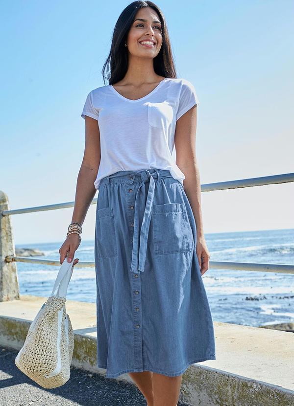 bonprix - Saia Jeans com Amarração Azul Médio 4