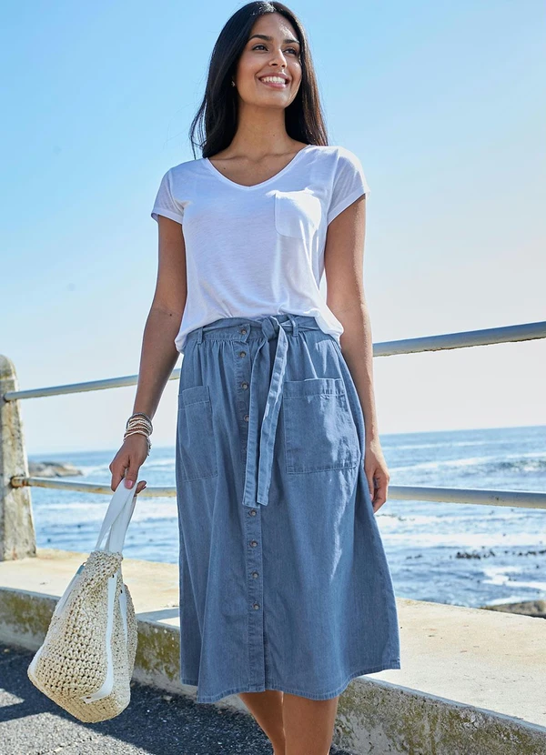 bonprix - Saia Jeans com Amarração Azul Médio 4