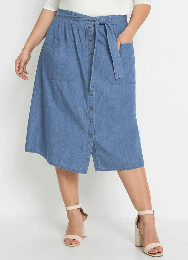 bonprix - Saia Jeans com Amarração Azul Médio 7