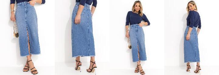 Saia Jeans com Bolsos e Fenda
