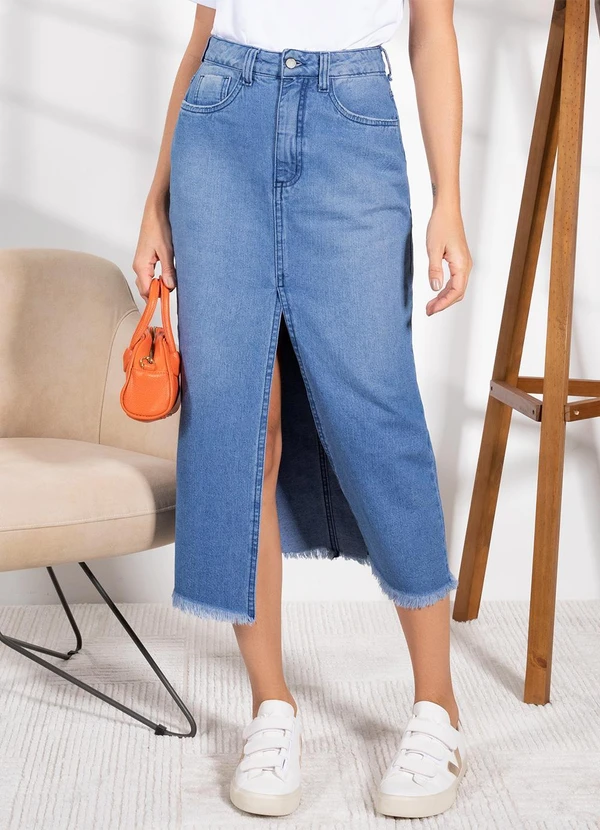Quintess - Saia Jeans com Bolsos e Fenda 12