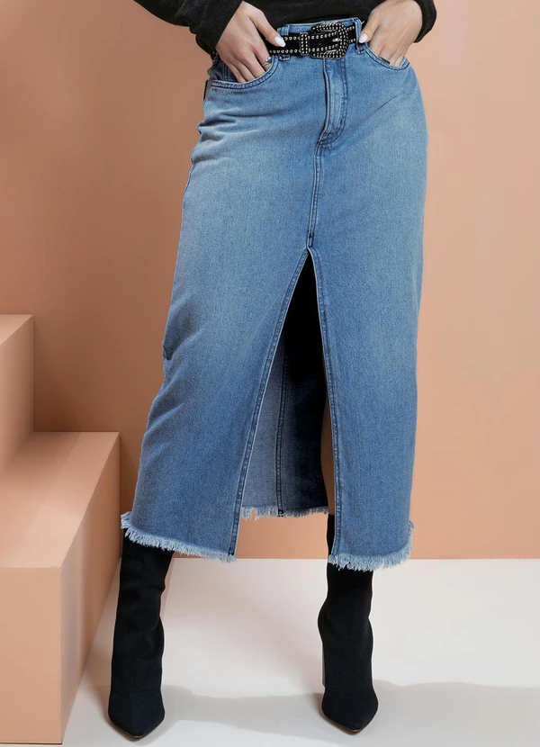 Quintess - Saia Jeans com Bolsos e Fenda 7