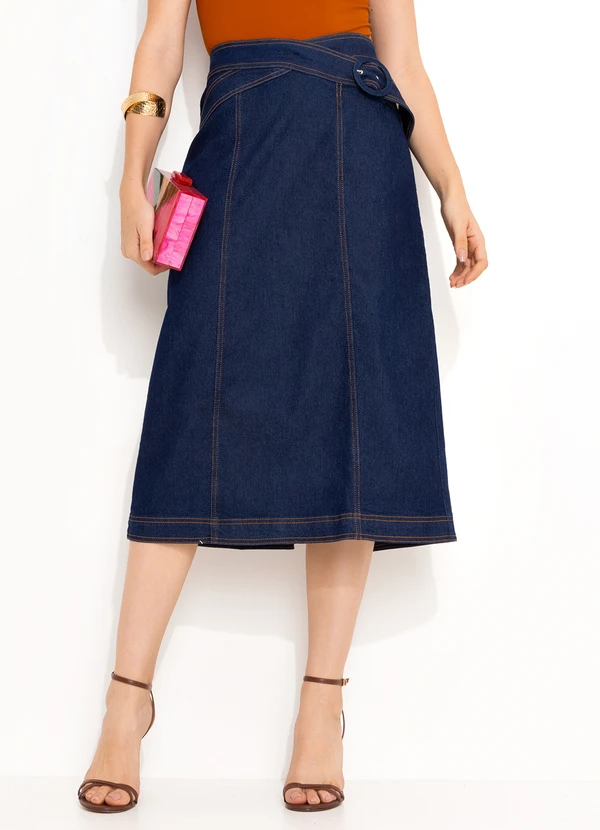 Mob - Saia Jeans Midi com Cinto Fixo Azul