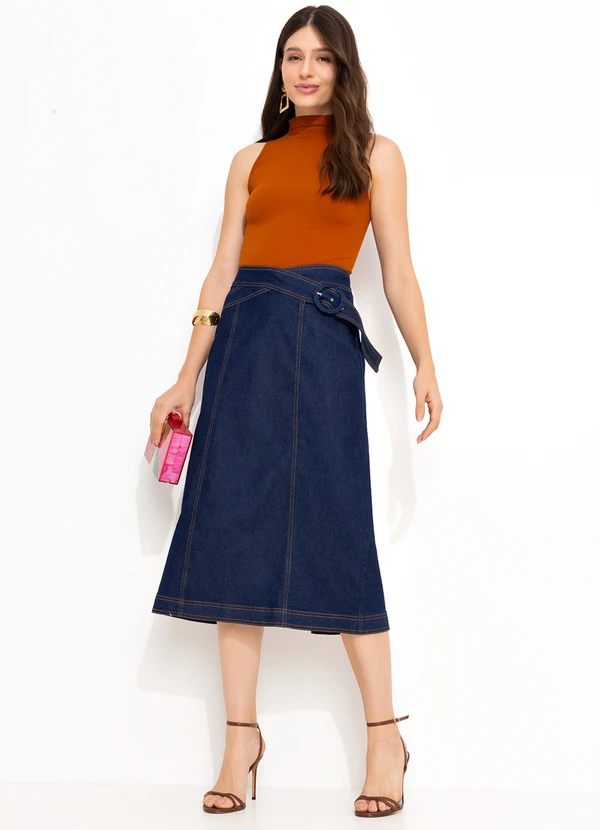 Mob - Saia Jeans Midi com Cinto Fixo Azul 3