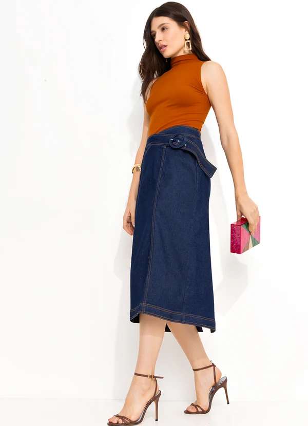 Mob - Saia Jeans Midi com Cinto Fixo Azul 7