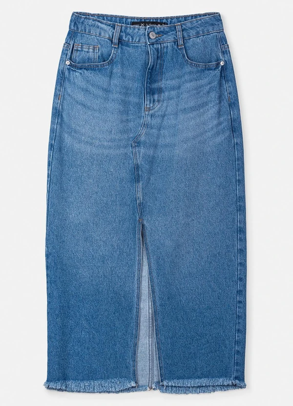 Authoria - Saia Jeans Midi com Fenda Azul