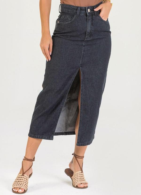 Meu Jeans - Saia Jeans Midi Epona com Fenda Preto