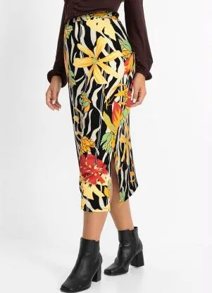 bonprix - Saia Lápis com Fenda Floral Dark - BONPRIX