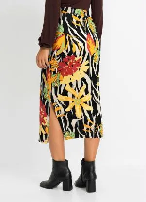 bonprix - Saia Lápis com Fenda Floral Dark - BONPRIX