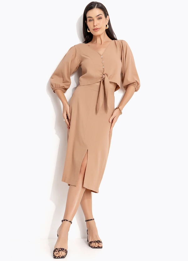 Quintess - Saia Lápis Marrom Claro em Linho 3