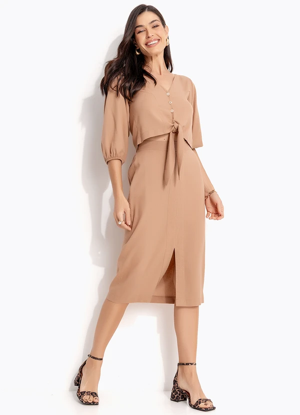 Quintess - Saia Lápis Marrom Claro em Linho 5