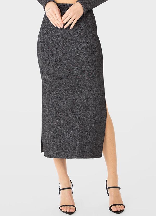 Enfim - Saia Lápis Midi em Tricô Metalizado Preto
