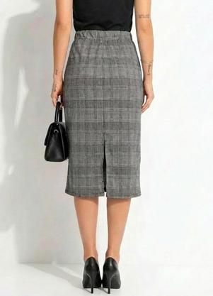 Saia L�pis Midi Xadrez em Malha Jacquard com El�stico no C�s