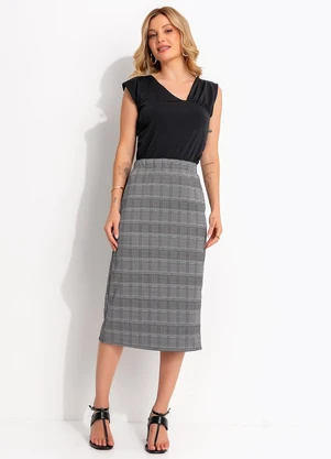 Quintess - Saia Lápis Midi Xadrez em Malha Jacquard com Elástico no Cós - QUINTESS