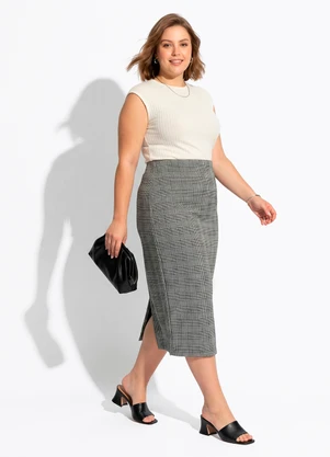 Quintess - Saia Lápis Midi Xadrez em Malha Jacquard com Elástico no Cós - QUINTESS