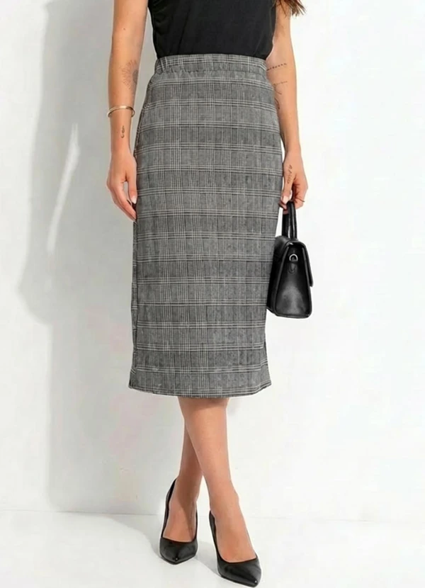 Quintess - Saia Lápis Midi Xadrez em Malha Jacquard com Elástico no Cós 6