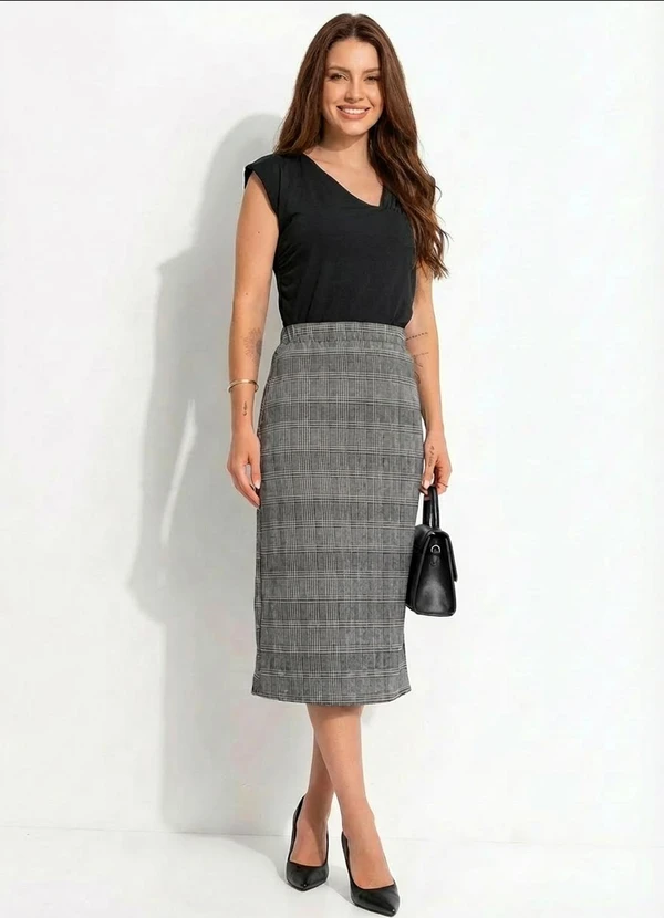 Quintess - Saia Lápis Midi Xadrez em Malha Jacquard com Elástico no Cós 5