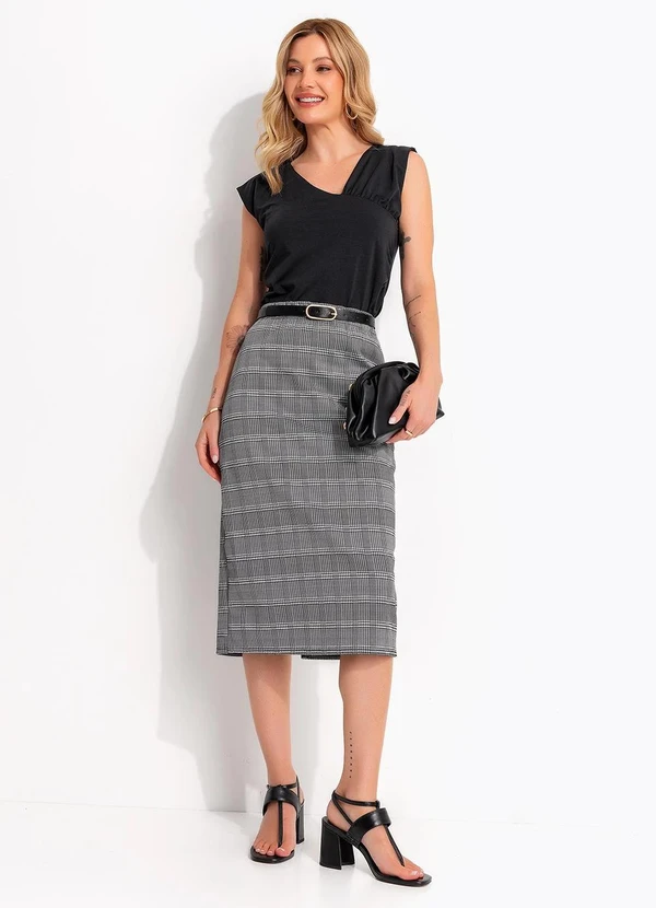 Quintess - Saia Lápis Midi Xadrez em Malha Jacquard com Elástico no Cós 8