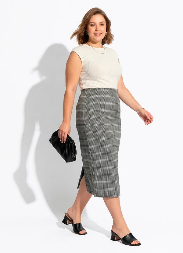 Quintess - Saia Lápis Midi Xadrez em Malha Jacquard com Elástico no Cós 9