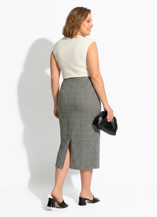Quintess - Saia Lápis Midi Xadrez em Malha Jacquard com Elástico no Cós 10