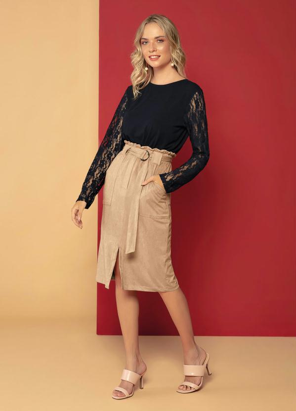 Outlet - Saia Lápis Suede com Cinto Bege 6