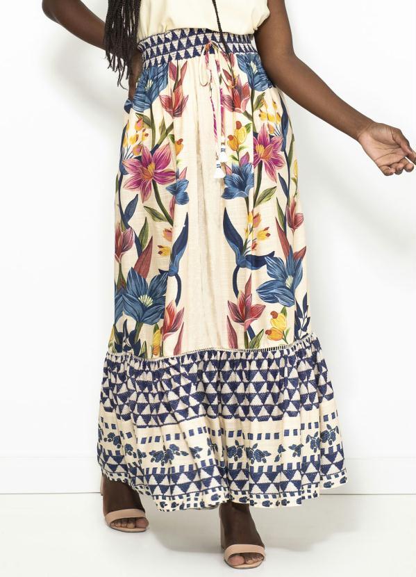 Farm - Saia Linho Floral Pandang Lenço Bege