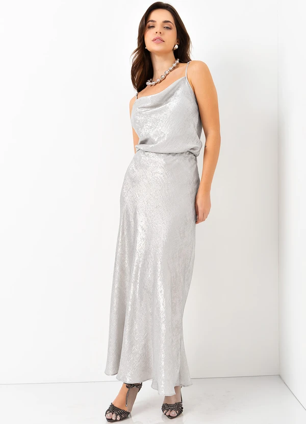 Mob - Saia Longuete Evasê Cós Elástico Prata 7