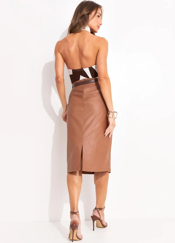 Quintess - Saia Lápis Midi em Material Sintético Marrom com Fenda e Recortes 5