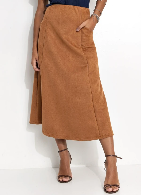 Quintess - Saia Marrom em Malha Suede