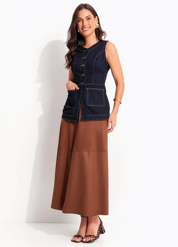 Quintess - Saia Marrom em Malha Suede