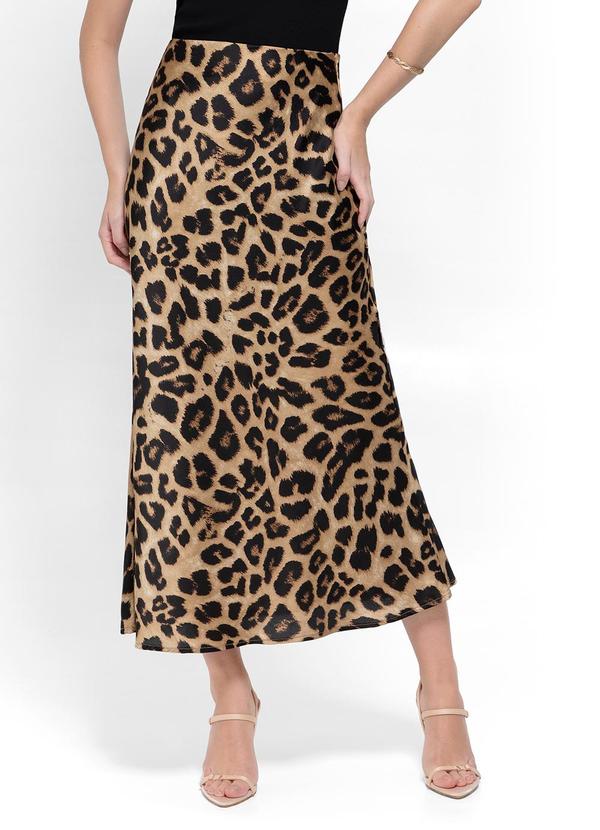 Enfim - Saia Marrom Mídi Evasê Animal Print Acetinada
