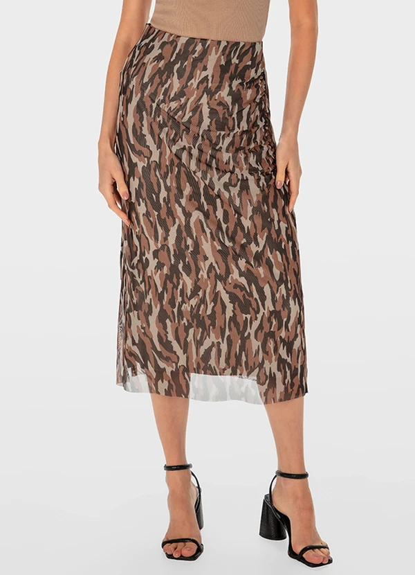 Malwee - Saia Marrom Mídi Reta Texturizada