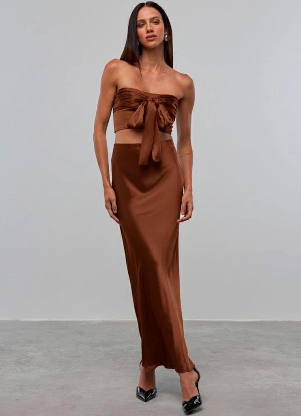 Carlota Costa - Saia Midi Acetinada Marrom 2