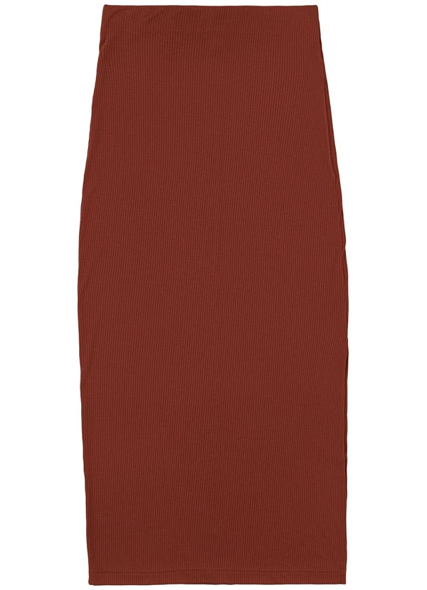 Malwee - Saia Midi Canelada com Fenda Marrom