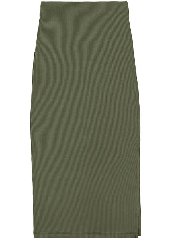 Malwee - Saia Midi Canelada com Fenda Verde Militar