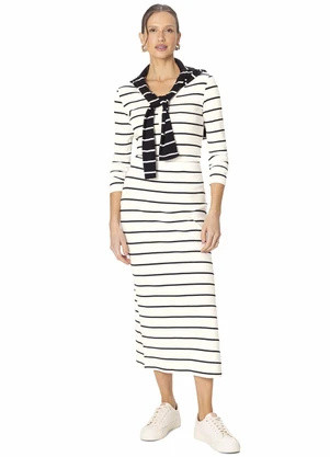 Malwee - Saia Midi Canelada Listrada com Fenda Off White - MALWEE