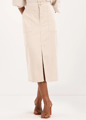 Lunender - Saia Midi Chá com Fenda e em Sarja Bege - LUNENDER