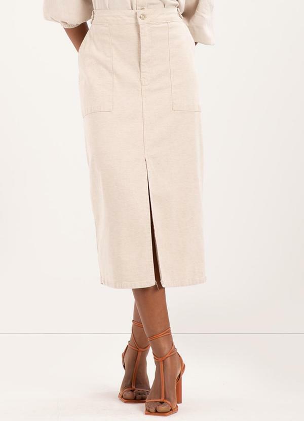 Lunender - Saia Midi Chá com Fenda e em Sarja Bege