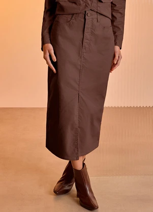 Lunender - Saia Midi Chá em Sarja Chapa Barriga Marrom - LUNENDER